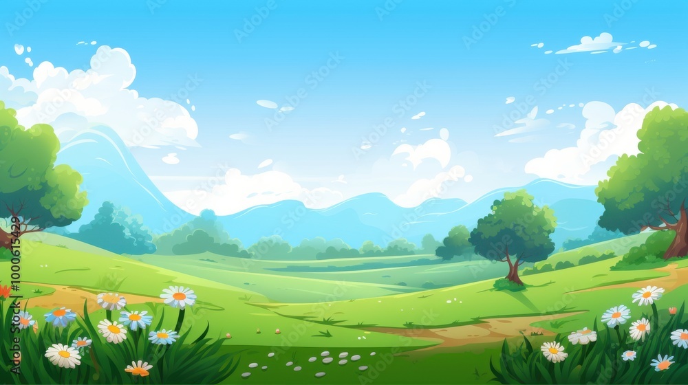 Fototapeta premium Green Meadows with Daisies and Distant Mountains under a Blue Sky
