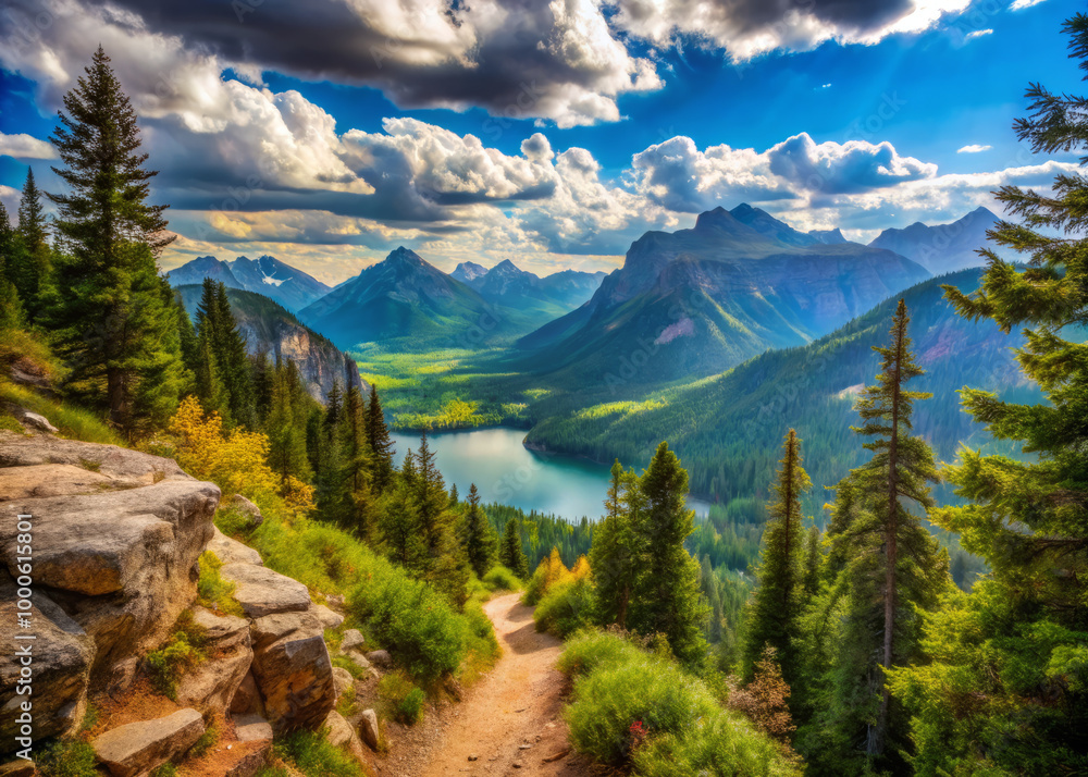 Breathtaking mountain trail view showcasing lush greenery, serene lake, and majestic peaks under vibrant sky. Natures beauty inspires tranquility and adventure Breathtaking mountain trail view showcasing lush greenery, serene lake, and majestic peaks under vibrant sky. Natures beauty inspires tranquility and adventure
