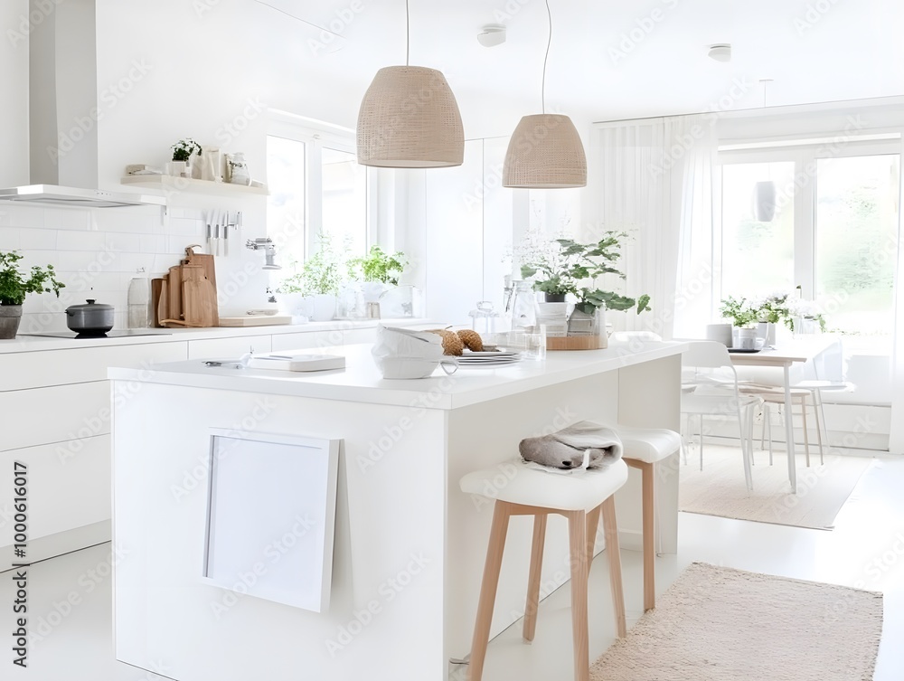 A bright and modern kitchen featuring minimalistic design, white decor, wood accents, hanging light fixtures, and greenery. A bright and modern kitchen featuring minimalistic design, white decor, wood accents, hanging light fixtures, and greenery.