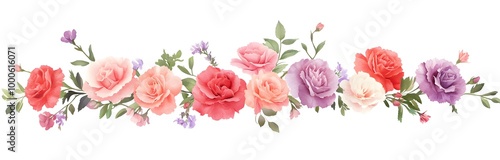 Watercolor roses and peonies border, pastel pink, red, purple, green, and yellow colors on a white background, 