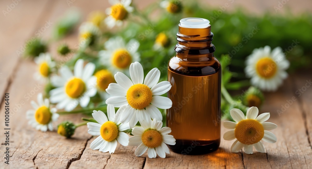 Chamomile flowers in the background with calming chamomile essential oil in a vintage glass bottle for a serene massage setting Chamomile flowers in the background with calming chamomile essential oil in a vintage glass bottle for a serene massage setting