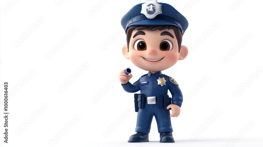 Adorable police officer character in blue, holding a tiny whistle, isolated on a clean white background, with a friendly look. Adorable police officer character in blue, holding a tiny whistle, isolated on a clean white background, with a friendly look.