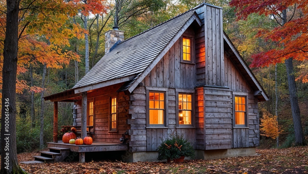 rustic, wooden cabin nestled in a forest during autumn. The cabin has a steep, gabled roof with a chimney and is constructed from weathered wooden planks. rustic, wooden cabin nestled in a forest during autumn. The cabin has a steep, gabled roof with a chimney and is constructed from weathered wooden planks.