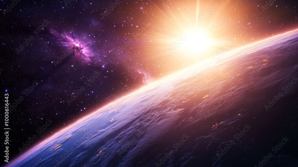 Dramatic view of the sun at Earth's horizon with a cosmic backdrop of stars and purple nebula. Dramatic view of the sun at Earth's horizon with a cosmic backdrop of stars and purple nebula.