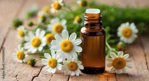 Chamomile flowers in the background with calming chamomile essential oil in a vintage glass bottle for a serene massage setting