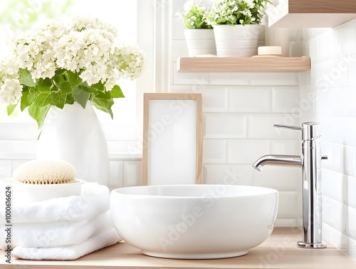 Scandinavian bathroom with sleek tiles and blank frame in white room
