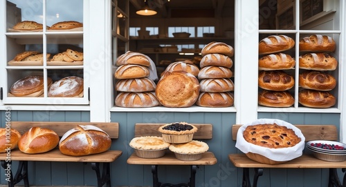 Classic American bakery with rustic bread loaves and pies arranged in a homely window setting quaint wooden benches outside