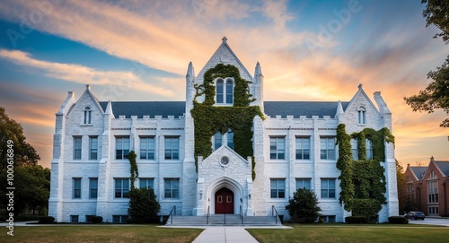 Classic white stone high school building with gothic architecture and climbing ivy on walls clear sunset sky above photo