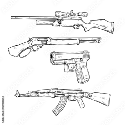 vector line art illustration set collection of guns