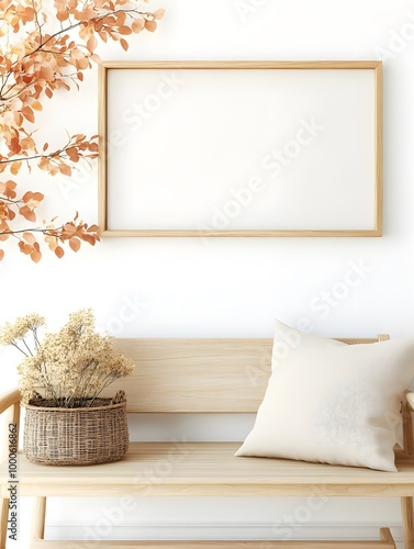 Scandinavian interior with wooden bench and empty frame, autumn tree
