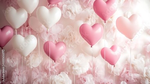 A photo backdrop for Valentine's Day, with pink and white heart-shaped balloons in various sizes on the wall