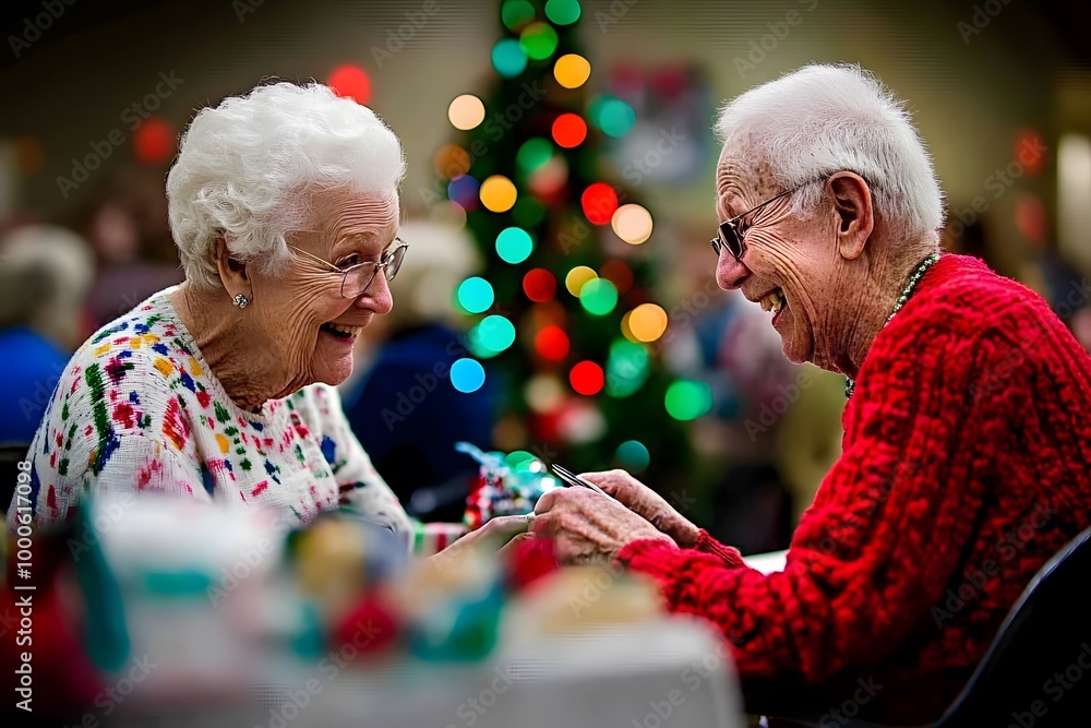 Senior couple travel wealth freedom concept. The image captures two smiling elderly individuals enjoying a joyful moment together, surrounded by festive decorations and a Christmas tree.