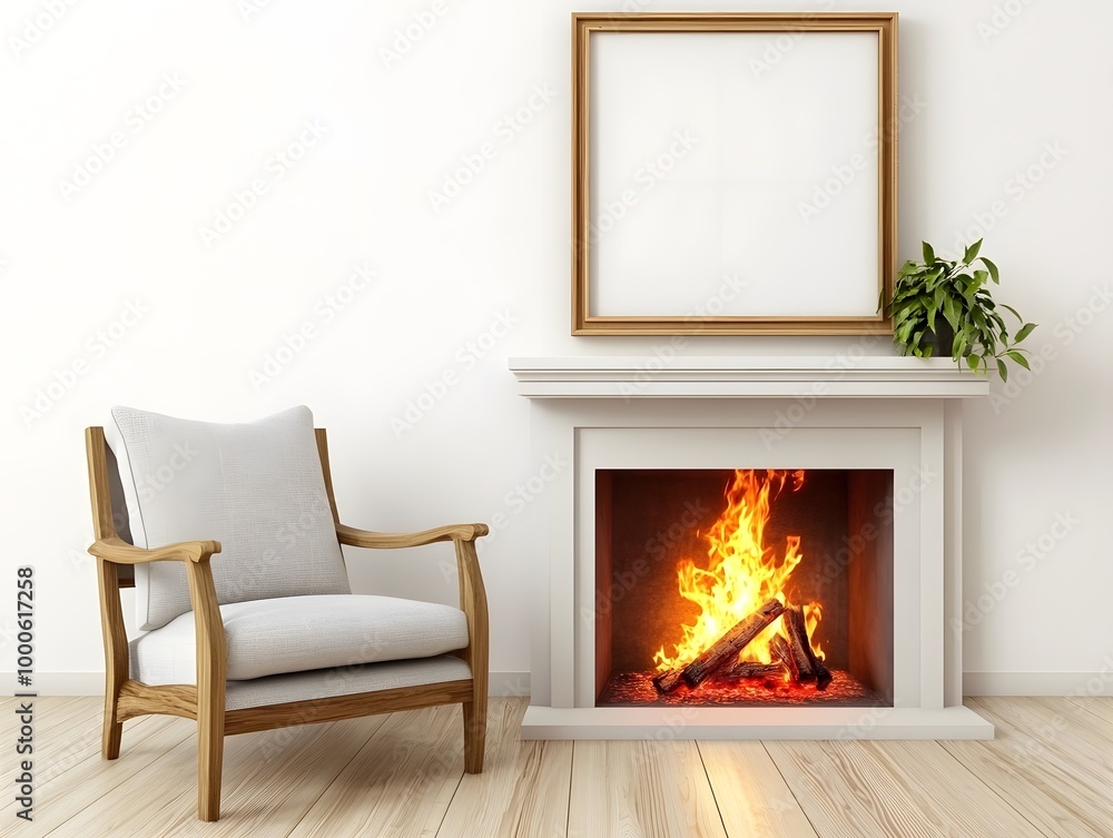 Scandinavian hygge living room with blank wooden frame over fireplace
Scandinavian hygge living room with blank wooden frame over fireplace