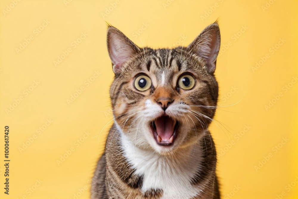 Cat with a surprised face isolated on a yellow background with copy space. Cat with a surprised face isolated on a yellow background with copy space.