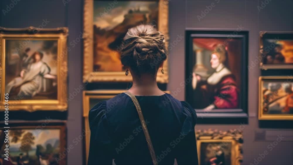 Back view of a woman in classical art gallery. Lady looking at old paintings in museum Back view of a woman in classical art gallery. Lady looking at old paintings in museum
