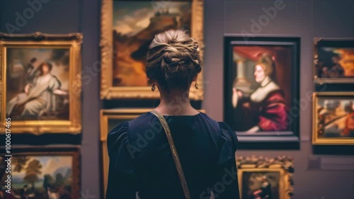 Back view of a woman in classical art gallery. Lady looking at old paintings in museum