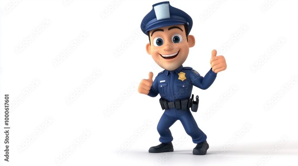 Cute cartoon police officer in blue, giving a thumbs-up while holding a whistle, isolated on a white background. Cute cartoon police officer in blue, giving a thumbs-up while holding a whistle, isolated on a white background.