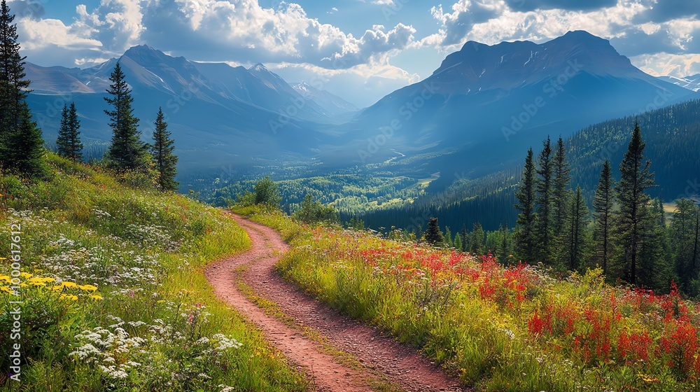 A winding dirt road leads through a meadow of wildflowers in the Canadian Rockies, with majestic mountains in the background. A winding dirt road leads through a meadow of wildflowers in the Canadian Rockies, with majestic mountains in the background.