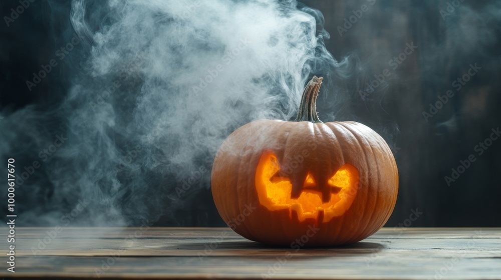 close-up of holloween pumpkin on wooden table, smoke float up on black background close-up of holloween pumpkin on wooden table, smoke float up on black background