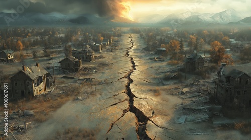 Post-apocalyptic scene of a cracked landscape with abandoned houses and distant volcanic eruption, evoking themes of destruction, survival, and nature's power.