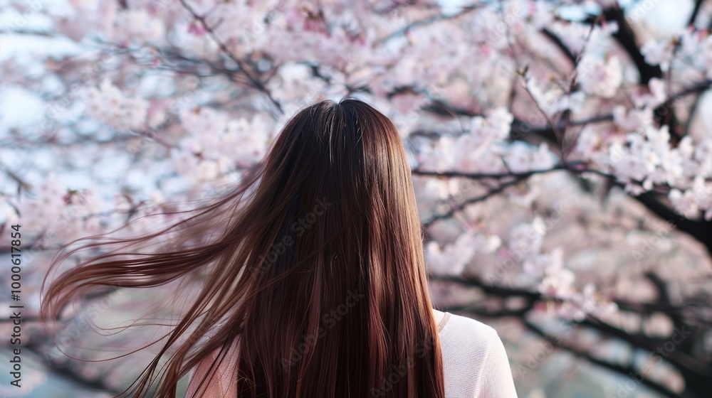Beautiful young woman with long curly blonde hair from behind holding blooming branch of sakura tree Beautiful young woman with long curly blonde hair from behind holding blooming branch of sakura tree