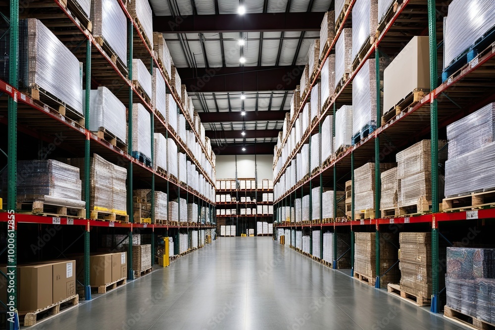 Large-Scale Warehouse with Merchandise Inventory, Shipping Infrastructure, and Pallet Operations Large-Scale Warehouse with Merchandise Inventory, Shipping Infrastructure, and Pallet Operations
