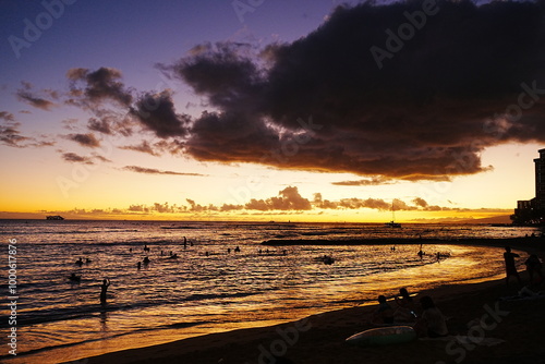 Sunset View of Waikiki Beach in Honolulu, Hawaii, USA - アメリカ ハワイ ホノルル ワイキキビーチ 夕日 photo