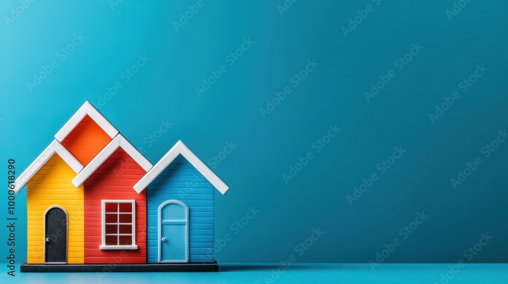 Colorful Wooden Houses on Blue Background Colorful Wooden Houses on Blue Background