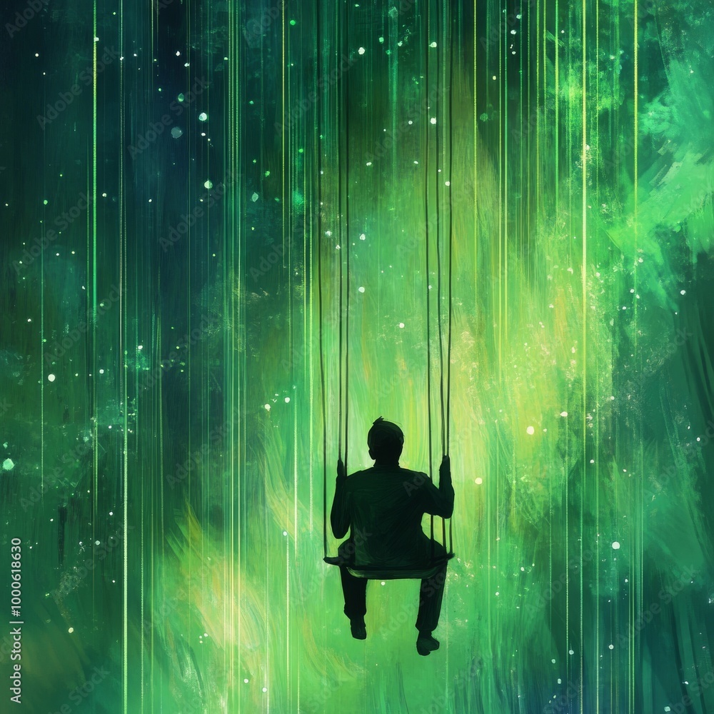 A silhouette of a person swinging in a glowing, digital forest with green and teal hues. The abstract background features streaks of light and stars, evoking a dreamlike and surreal atmosphere of A silhouette of a person swinging in a glowing, digital forest with green and teal hues. The abstract background features streaks of light and stars, evoking a dreamlike and surreal atmosphere of