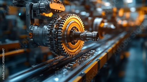 Close-up of a large gear rotating on a conveyor belt in a factory.