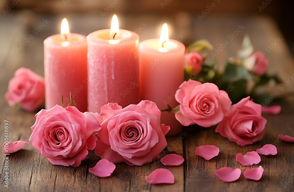 A romantic setting with pink roses and candles, perfect for Valentine's Day gifts or Valentine's Day gift baskets A romantic setting with pink roses and candles, perfect for Valentine's Day gifts or Valentine's Day gift baskets