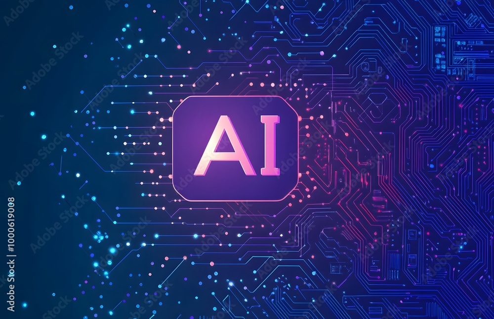 AI and circuit board patterns in purple, on a blue background AI and circuit board patterns in purple, on a blue background