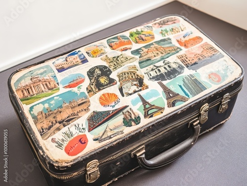 A vintage suitcase adorned with travel stickers from various destinations, showcasing its history and adventures. photo