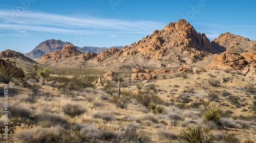 Panoramic view of a rugged desert landscape with towering red rock formations and dry brush.