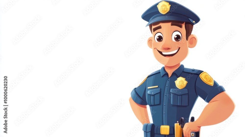 Friendly police officer in cartoon style with a whistle, smiling, isolated on a white background, showing a cheerful expression. Friendly police officer in cartoon style with a whistle, smiling, isolated on a white background, showing a cheerful expression.