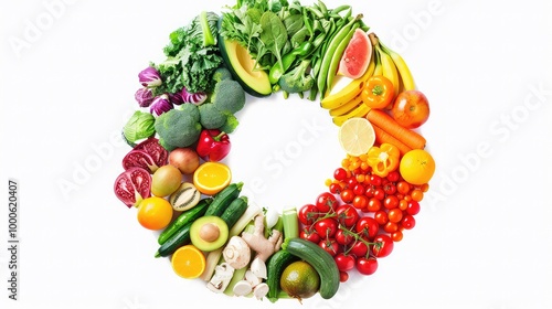 Fototapeta Naklejka Na Ścianę i Meble -  Fresh fruits and vegetables around a white plate generated with AI