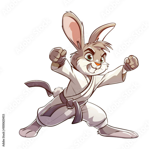 A cartoon rabbit in a karate gi, wearing a blue belt and in a fighting stance. photo