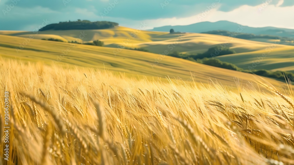 Obraz premium Golden wheat field bathed in the warm glow of sunlight against the backdrop of rolling hills.