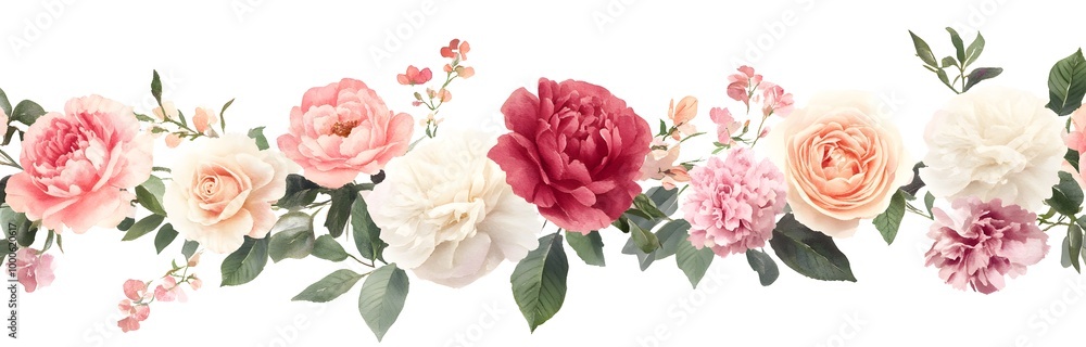 A long, horizontal garland of roses, peonies, and carnations in pastel colors on a white background, A long, horizontal garland of roses, peonies, and carnations in pastel colors on a white background,
