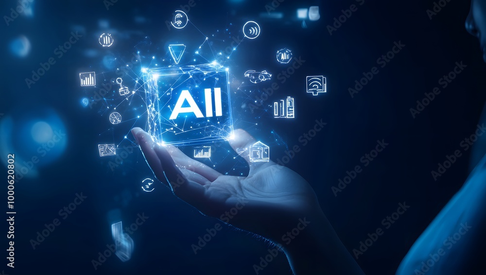 A person holding an AI cube with various icons and symbols floating around it, representing the use of artificial intelligence in business. A person holding an AI cube with various icons and symbols floating around it, representing the use of artificial intelligence in business.