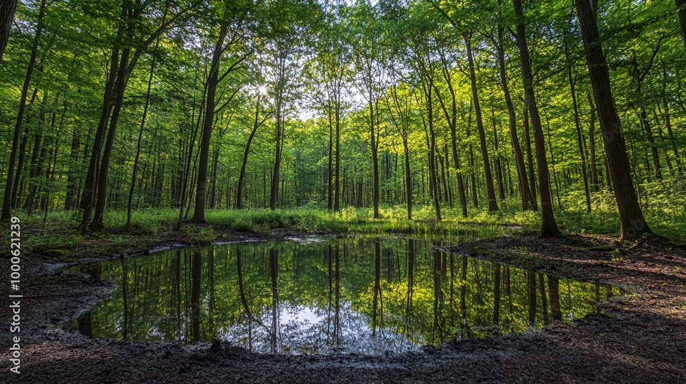 A small pond in a lush green forest, with trees reflected in the water. A small pond in a lush green forest, with trees reflected in the water.