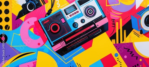 90s Pop Culture Banner with Walkman, Pager, and Retro Video Camera on Vibrant Abstract Background