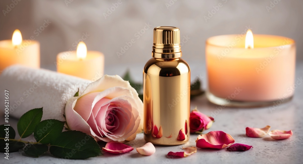 Rose petals and rose essential oil in a luxurious gold bottle with a relaxing spa candle lit background Rose petals and rose essential oil in a luxurious gold bottle with a relaxing spa candle lit background