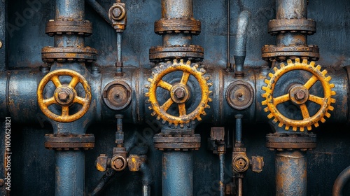 Macro Shot of Industrial Pipes with Valves and Gears