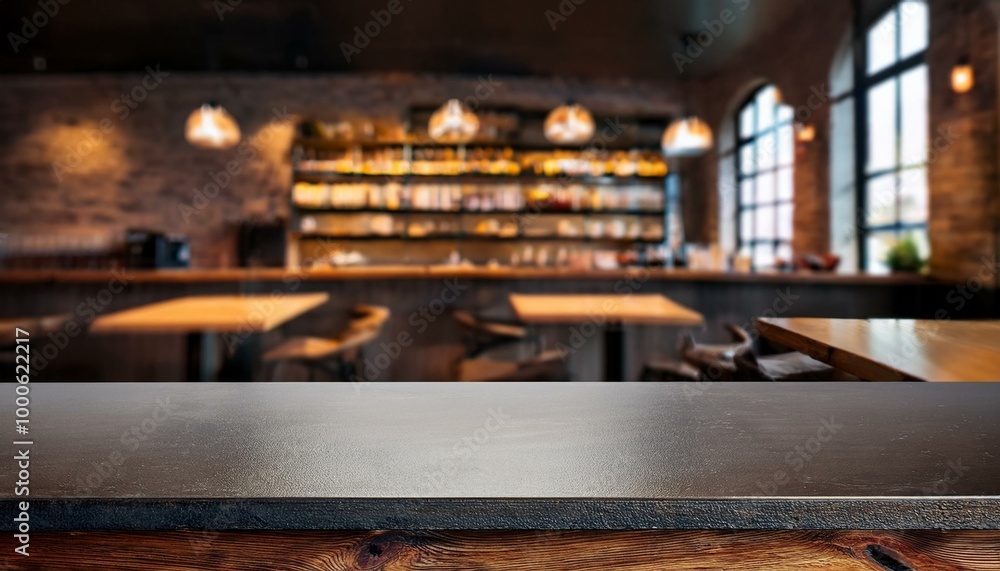 Empty tabletop in a restaurant for product presentation. Mockup of a kitchen countertop in a cafe bar. Concrete shelf for food and drinks. Empty tabletop in a restaurant for product presentation. Mockup of a kitchen countertop in a cafe bar. Concrete shelf for food and drinks.