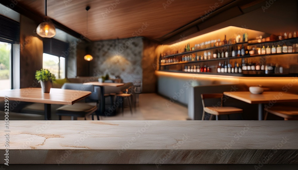 Empty tabletop in a restaurant for product presentation. Mockup of a kitchen countertop in a cafe bar. Concrete shelf for food and drinks. Empty tabletop in a restaurant for product presentation. Mockup of a kitchen countertop in a cafe bar. Concrete shelf for food and drinks.