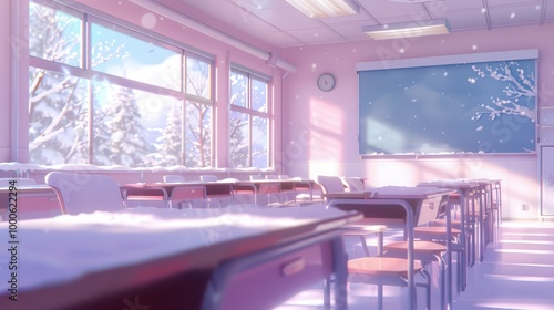 Winter Classroom Scene, a cozy and inviting anime-style classroom adorned with snowflakes, warm lighting, wooden desks, and frosty windows, perfect for creating a serene winter atmosphere.