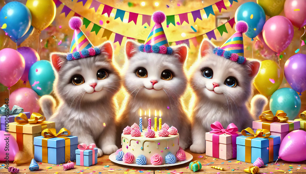 Birthday cake illustrations with cute cat images and gifts, set in a 3D happy birthday background for greeting cards. Birthday cake illustrations with cute cat images and gifts, set in a 3D happy birthday background for greeting cards.