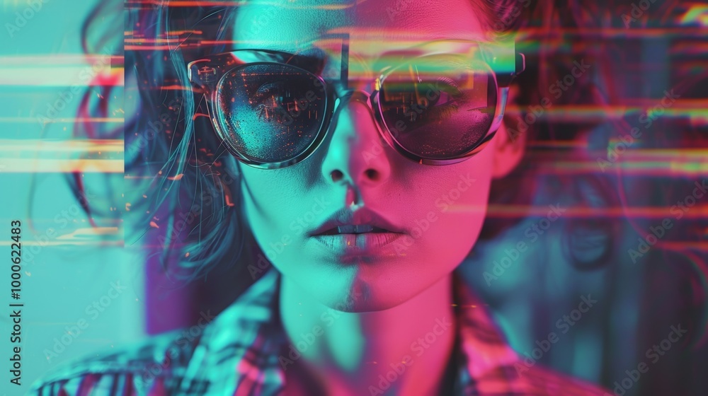 Mesmerizing Futuristic Portrait of a Woman Donning Sunglasses Against Vibrant Neon City Backdrop Mesmerizing Futuristic Portrait of a Woman Donning Sunglasses Against Vibrant Neon City Backdrop