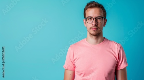 Portrait of a jaded young caucasian man isolated on pink background with copy space